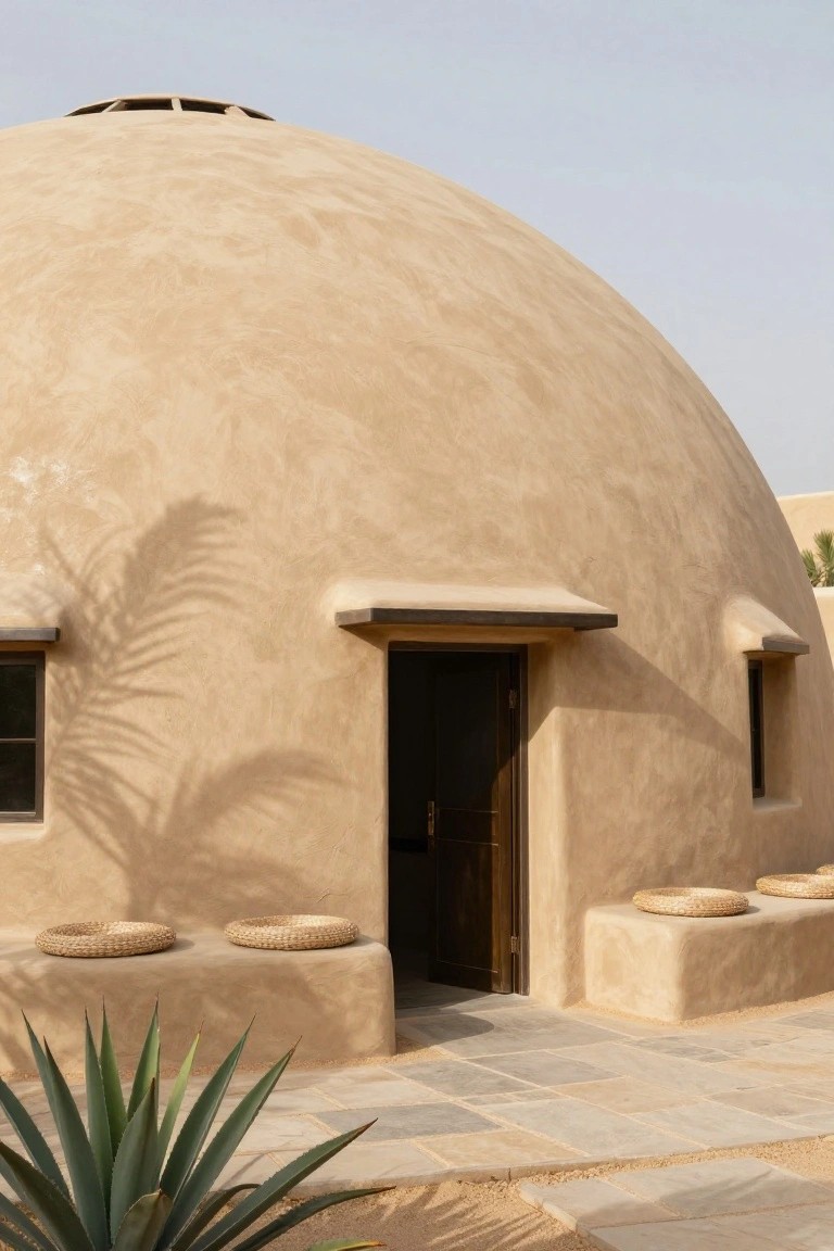 Beige dome-shaped house exterior with smooth plaster walls, dark wooden entry door, small windows, built-in benches holding woven stools, agave plants, palm shadows, and stone path in sandy desert landscape.