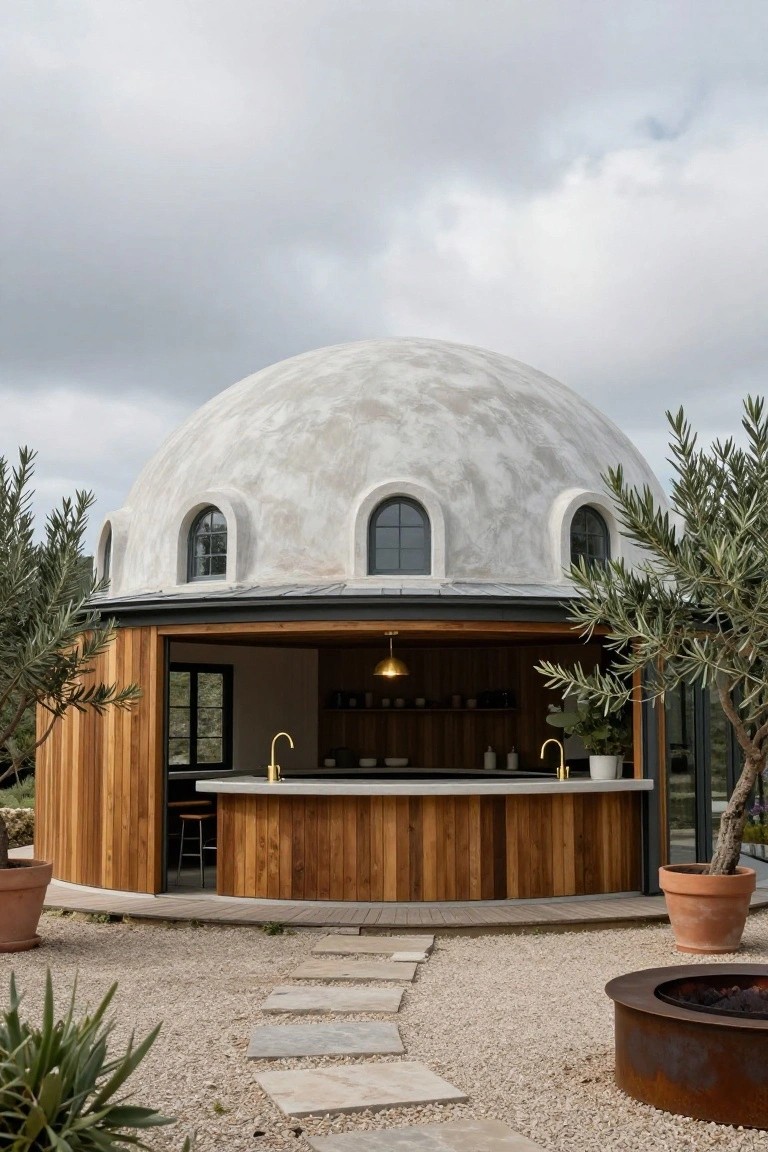 White plaster dome structure with curved roof, arched windows, wooden bar area with stools and sink, gravel ground, stone path, fire pit, potted plants, and olive trees.