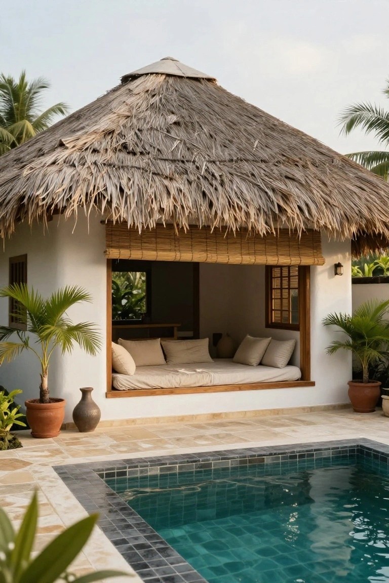 White stucco hut with conical thatched roof, bamboo shutters, and built-in beige daybed in window overlooking small rectangular turquoise pool on beige tiled patio surrounded by potted plants and palm trees.