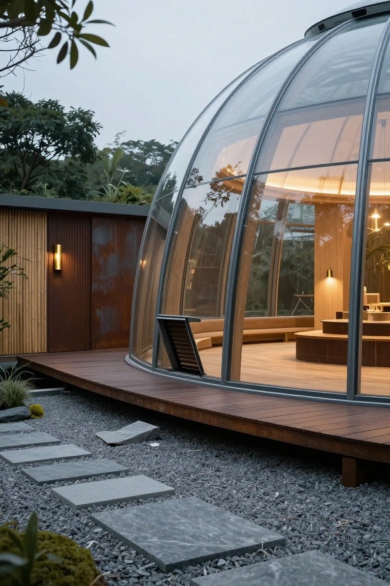 Curved glass geodesic dome house with wooden deck platform, adjacent rust-toned wall, tropical plants, gravel ground, and stone path steps.