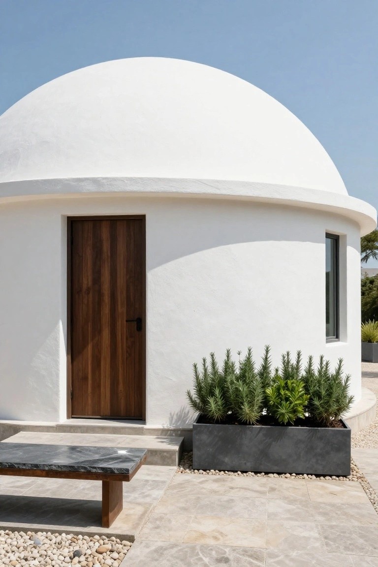 White dome-shaped house exterior with curved plaster walls, wooden entry door, narrow window, black planter box of rosemary plants, marble-topped wooden bench, tiled patio, and pebble ground cover.
