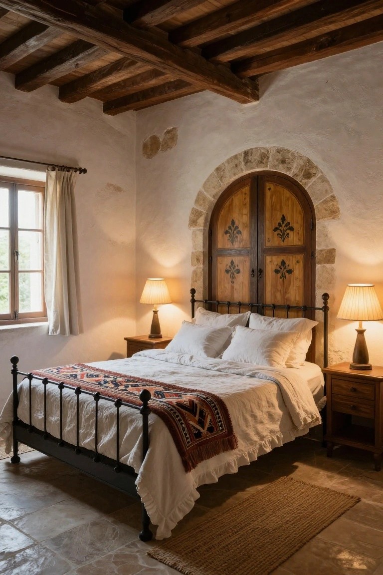 Bedroom interior with exposed wooden beam ceiling, white plaster walls, arched wooden door headboard behind a wrought-iron bed with white linens and colorful throw, bedside tables with lamps, and a window with beige curtains.