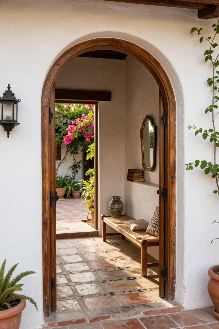 Open rustic wooden arched doorway in a white stucco interior hallway leading to a tiled courtyard with bougainvillea vines, potted plants, and a wooden bench with cushions nearby.