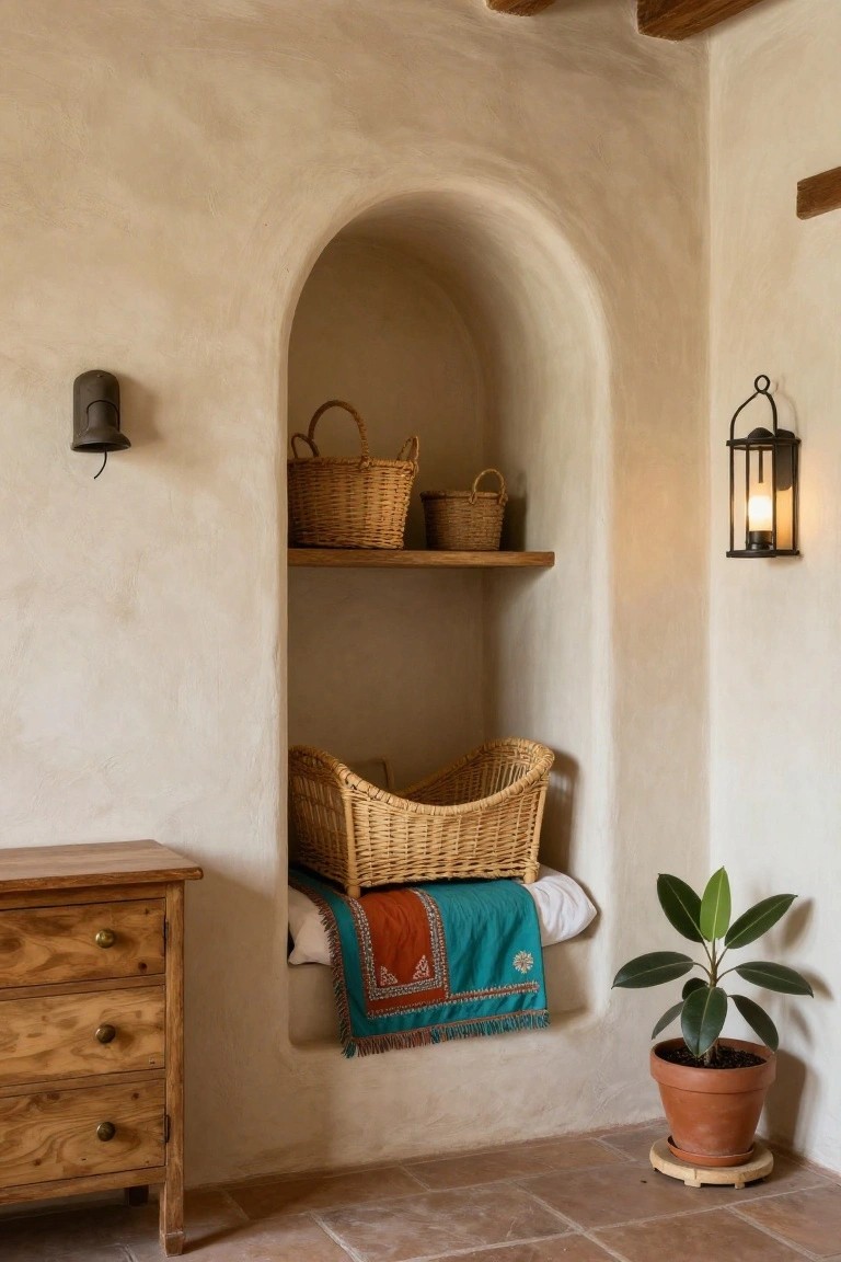 Arched niche in beige stucco wall with wooden shelf holding two wicker baskets above, larger basket with pillows and colorful textiles below, wooden dresser to the left, potted plant on terracotta tile floor.