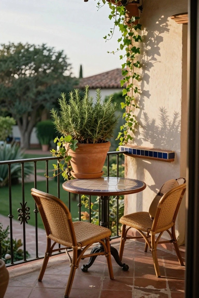 Balcony with round table, two woven chairs, potted rosemary plant, and ivy.
