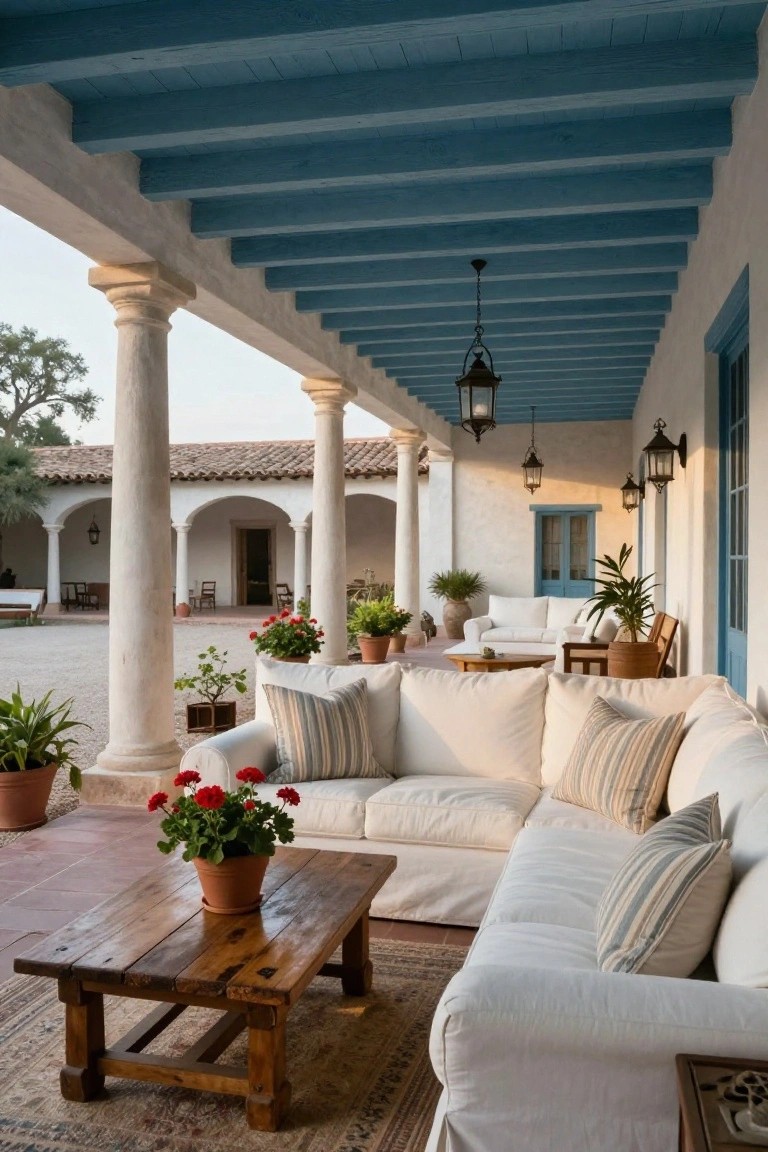 Colonnaded porch with blue wooden ceiling beams, white slipcovered sofas, striped pillows, wooden coffee table, potted plants, and gravel courtyard in a hacienda-style home.