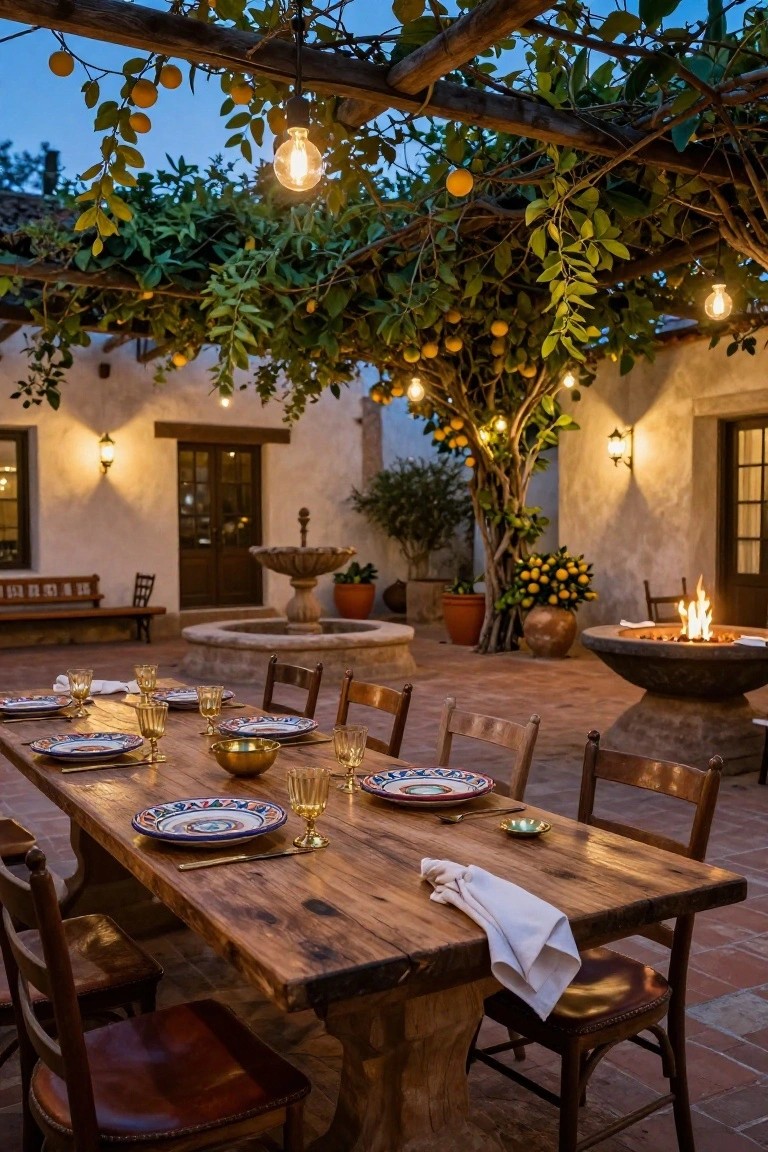 Hacienda courtyard at dusk with a long rustic wooden dining table set with colorful plates and glassware under a pergola covered in lemon vines and hanging bulb lights, next to a fountain, fire pit, citrus trees, and adobe walls.