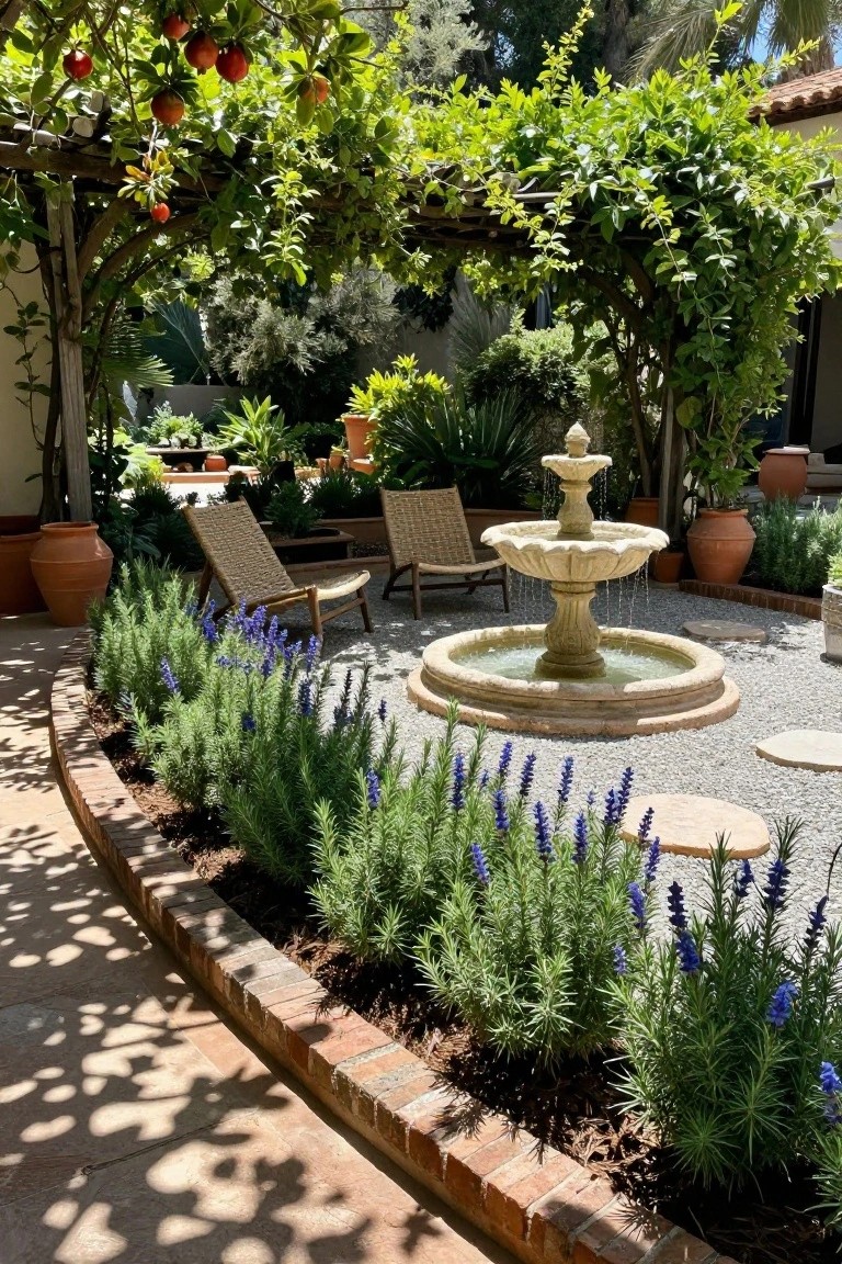 Gravel courtyard patio with central tiered stone fountain, two wicker lounge chairs, borders of lavender and rosemary plants, terracotta pots, and vine-covered pergola overhead bearing pomegranates.