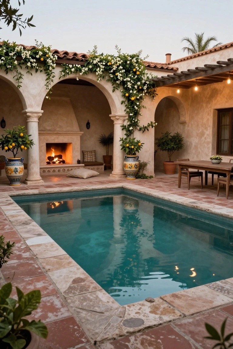 Hacienda-style courtyard with turquoise plunge pool, stucco arches draped in white flowering vines and oranges, stone outdoor fireplace with fire, potted citrus trees, beige cushions, wooden dining table and chairs on terracotta tiles under string lights.
