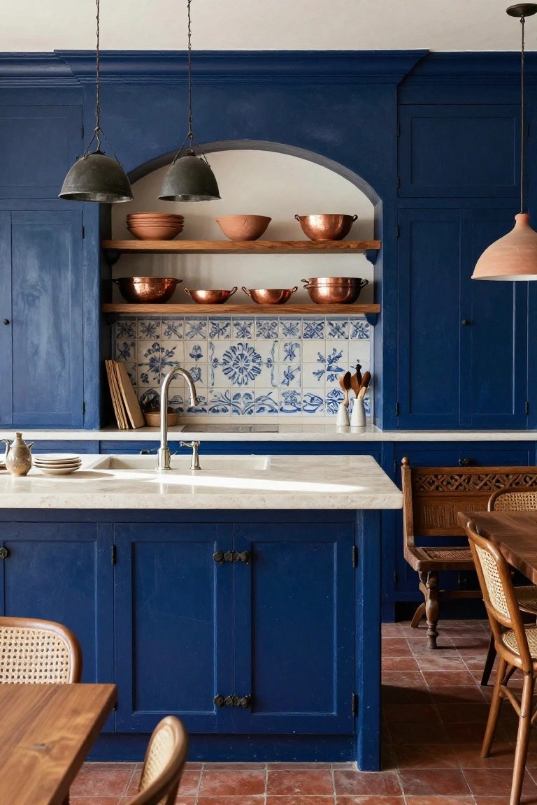 Blue kitchen with copper bowls, white marble island, and terracotta floor.
