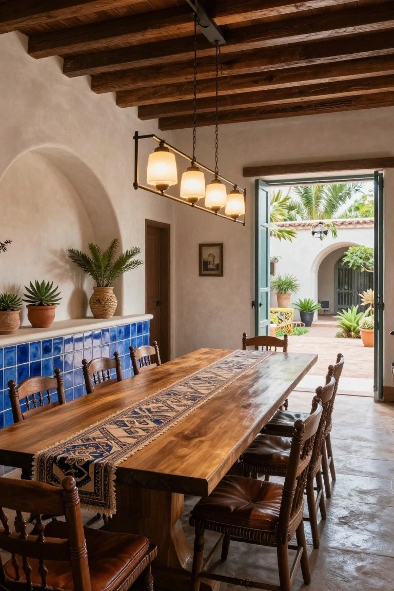 Hacienda-style interior dining room with long wooden table covered in a blue runner, wooden chairs with leather seats, blue tiled backsplash, wooden beam ceiling, and open green French doors revealing a courtyard with plants and arches.