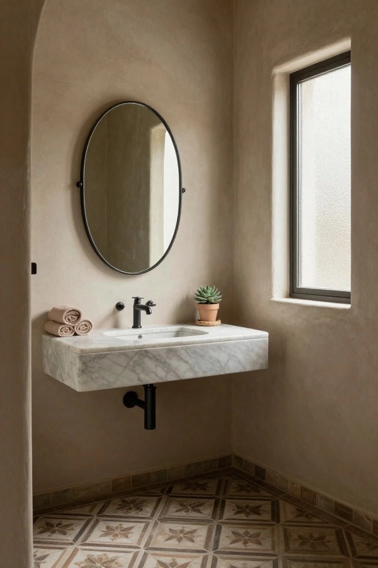 Corner bathroom featuring a floating white marble sink with black faucet and drain, oval black-framed mirror above, stacked beige towels, potted succulent plant, beige arched plaster walls, and terracotta-patterned tile floor.