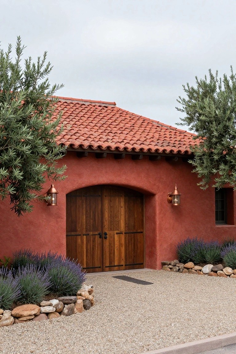 Red stucco hacienda-style building with large arched double wooden garage doors, flanked by copper lanterns, olive trees, lavender plants, rock borders, and a gravel driveway under a terracotta tile roof.