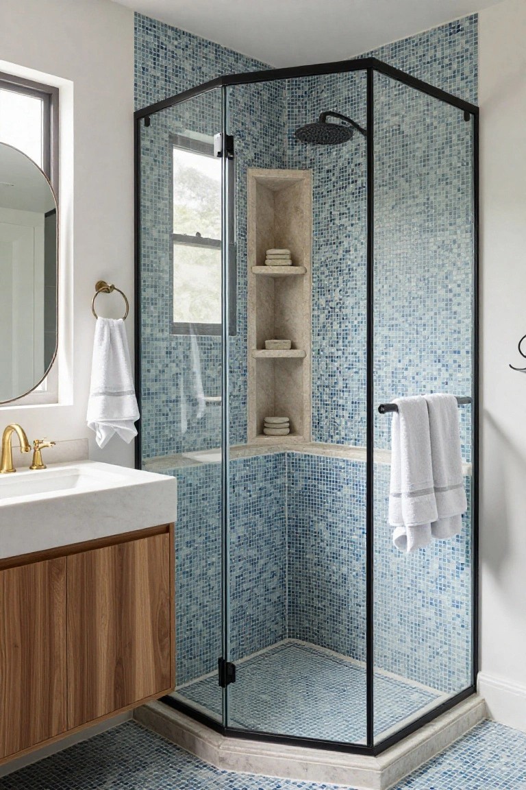 Bright bathroom with neo-angle glass shower enclosure featuring blue mosaic tile walls and floor, stone niche shelves, black metal frame, white marble sink vanity, wood cabinets, round mirror, and hanging white towels.