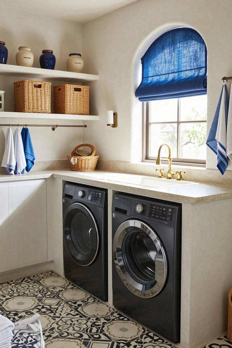 Hacienda-style laundry room interior with black front-loading washer and dryer, white cabinets and countertop, gold faucet sink, blue roman shade on arched window, hanging blue towels, woven baskets and pots on shelves, and black-and-white patterned tile floor.