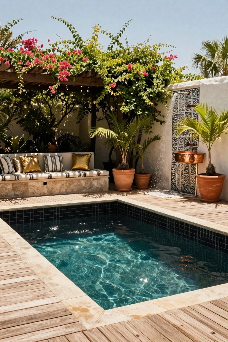 Small rectangular plunge pool with blue-green water on wooden decking surrounded by tropical plants, bougainvillea-covered pergola, built-in cushioned bench seating, terracotta pots, and a tiled wall feature with copper basin and shower.