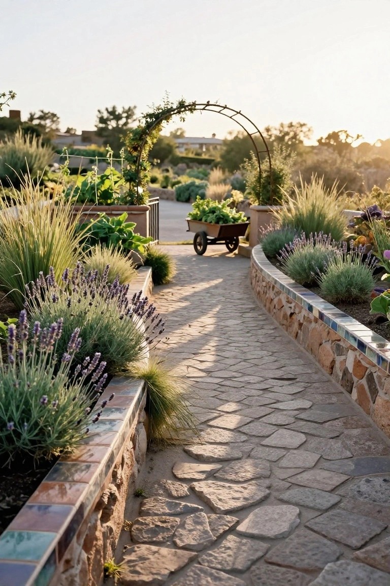 Winding pebbled stone path lined with raised garden beds edged in dry-stacked stone walls topped with colorful tiles, planted with lavender, grasses, and vegetables, with a wooden wheelbarrow nearby and arched trellis ahead.