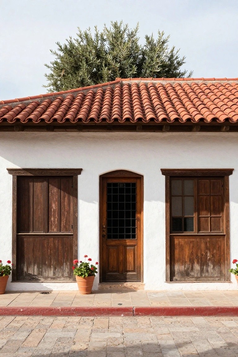 White stucco hacienda-style house facade with terracotta tile roof, centered wooden door featuring iron grille, wooden shutters on flanking windows, potted red geraniums on stone pathway.