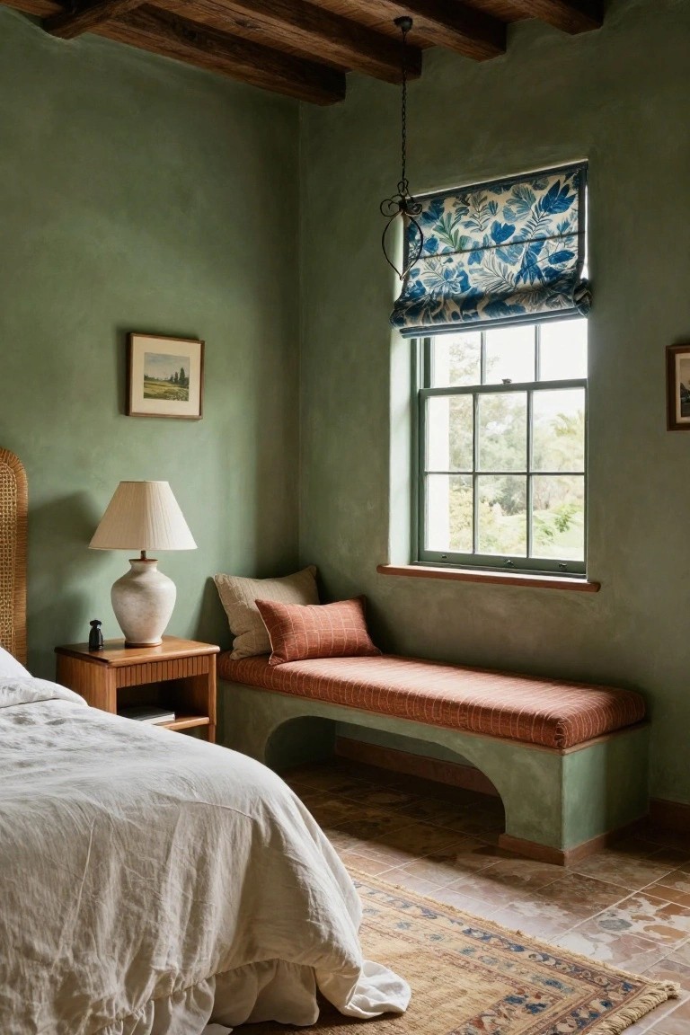 Bedroom interior with sage green textured plaster walls, exposed wooden beam ceiling, white linen bed with rattan headboard, wooden nightstand with white lamp, built-in orange bench under window with blue roman shade and pillows.
