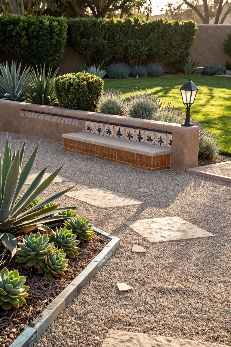 Stucco garden wall with built-in bench featuring blue star and orange terracotta tiles, surrounded by gravel path, agave plants, succulents, lavender, boxwood shrubs, and a lawn with lamp post.