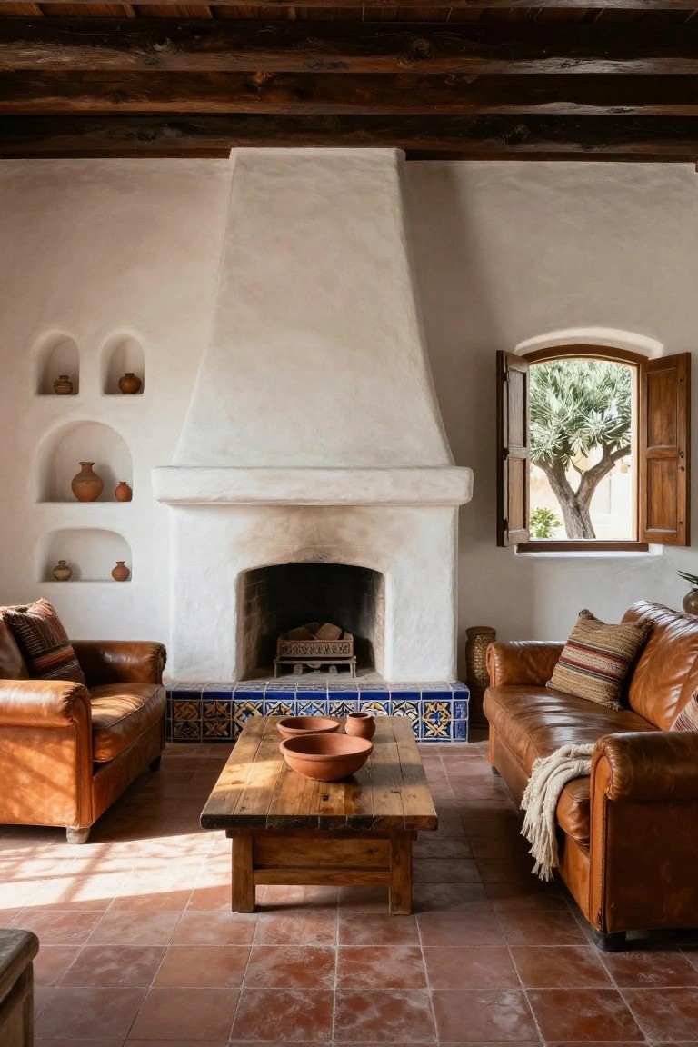 Sunlit hacienda-style living room interior with large white stucco fireplace featuring built-in arched niches holding terracotta pottery jars, blue tile hearth accents, two leather armchairs, wooden coffee table with clay bowls, terracotta tile floors, and open wooden shutters revealing an olive tree outside.
