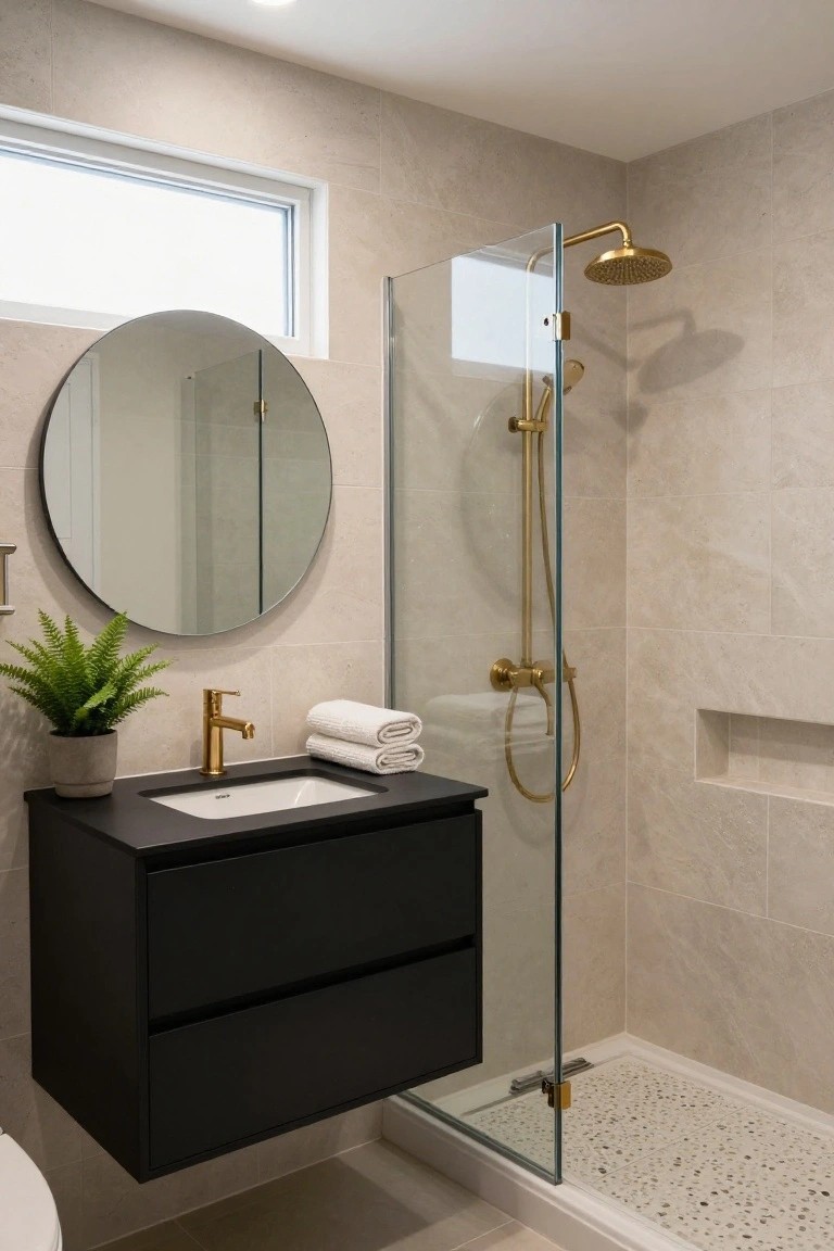 Modern bathroom featuring a black floating double-drawer vanity with white undermount sink and gold faucet, large round black-framed mirror, potted fern, folded white towels, glass shower enclosure with gold showerhead and handheld sprayer, beige tiled walls and pebble shower floor, and white toilet.