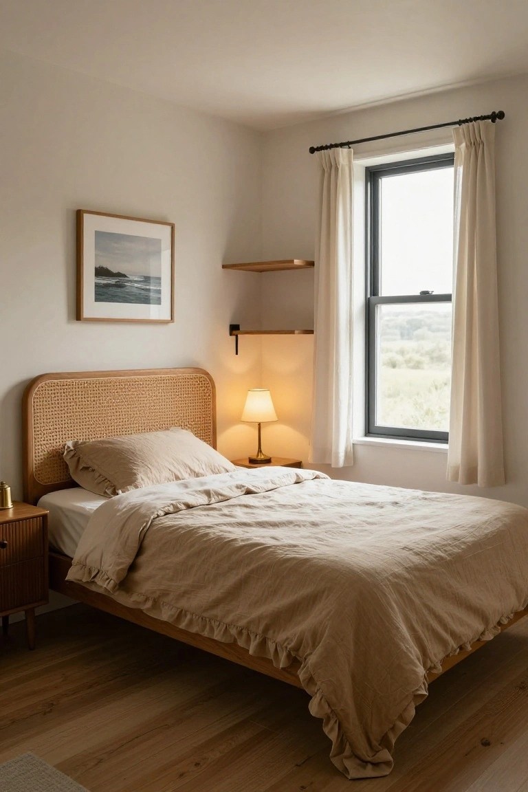 Bedroom corner showing a low bed with rattan cane headboard, beige linen bedding, wood nightstand with brass lamp, floating wood shelves, framed seascape print, and large window with sheer curtains over a field view.