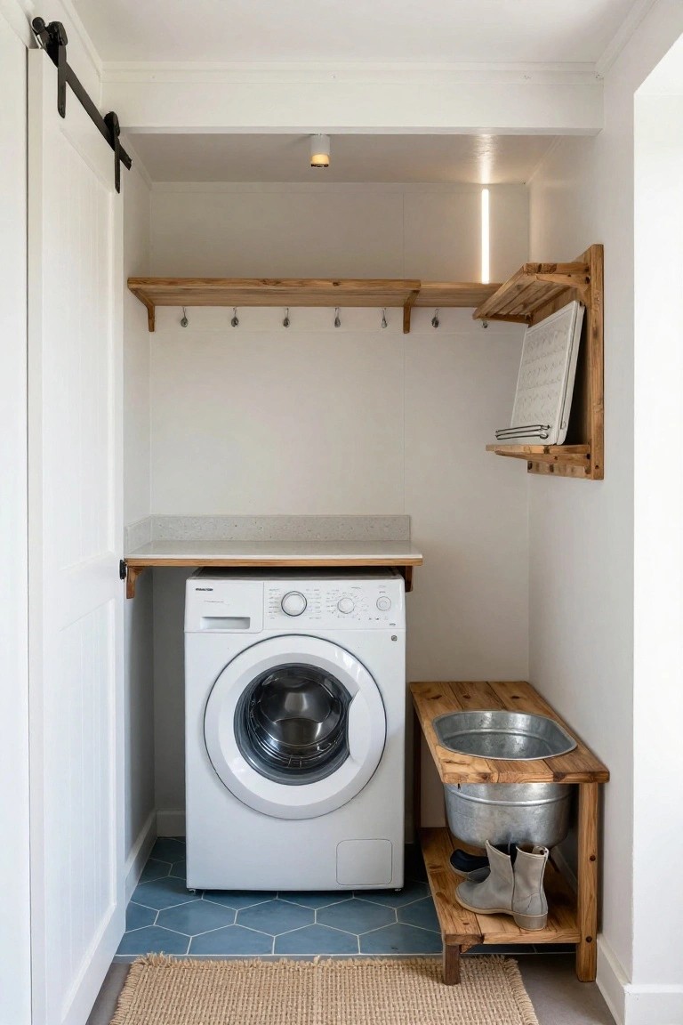Small interior laundry room featuring a white front-loading washer, wooden countertop above it, overhead wood shelves with hooks and drying rack, and a wooden bench with integrated galvanized tub holding rubber boots, blue hexagonal floor tiles, and a jute rug.