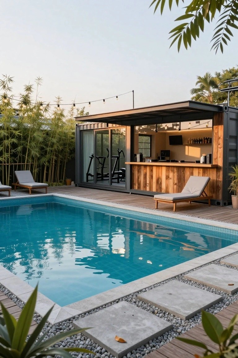 Shipping container structure with wooden bar counter and indoor gym visible through glass doors, positioned beside a rectangular blue-tiled pool on a wooden deck with loungers, surrounded by bamboo, palms, and pebble hardscaping.