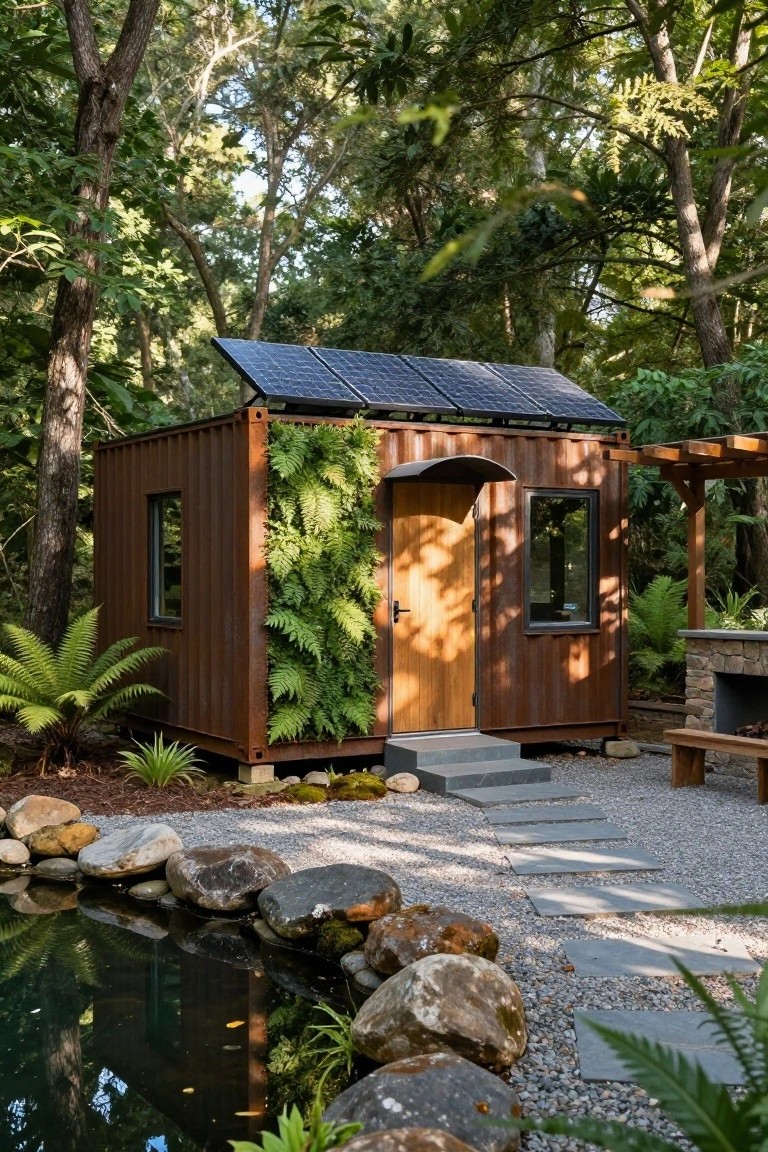 Brown shipping container cottage topped with solar panels, featuring a vertical fern garden on one side, wooden entry door under curved metal awning, wooden pergola, stone fire pit with bench nearby, gravel path, rock-lined koi pond, and surrounding trees and ferns.