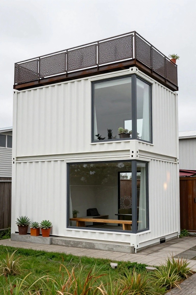 White two-story shipping container house with large L-shaped corner window on the lower level revealing a bench inside, smaller upper window, metal-railed balcony on top, and potted plants and grass at the base.