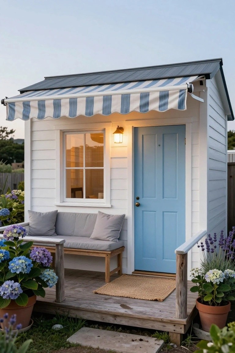 Small white clapboard cottage with blue front door, striped awning, lit lantern, window, gray bench cushions on porch, potted hydrangeas and lavender on wooden deck.