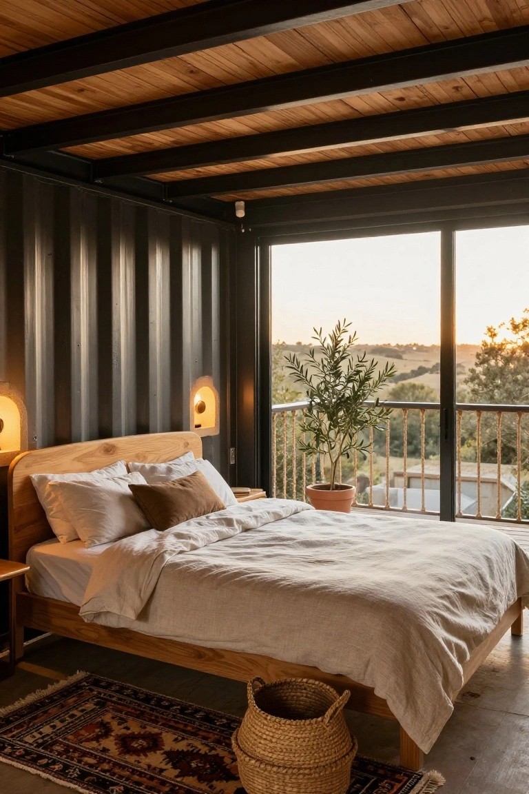 Interior view of a shipping container home bedroom with exposed wooden ceiling beams, wooden bed frame with white linens, wall-mounted sconces, potted olive tree near glass balcony doors overlooking hills at sunset.