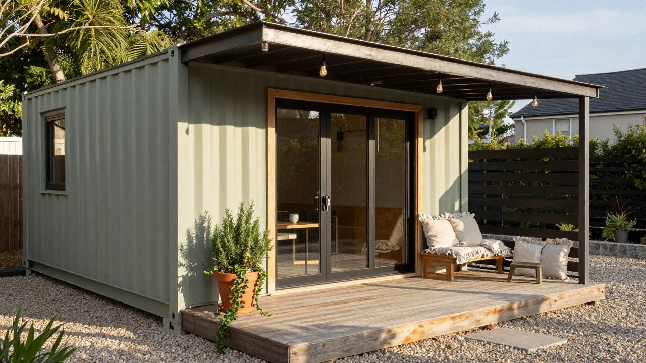 Light green shipping container home with black glass door, wooden deck platform, built-in bench with beige cushions, potted rosemary and ivy plants, wooden slats and awning, gravel ground, and tropical landscaping.