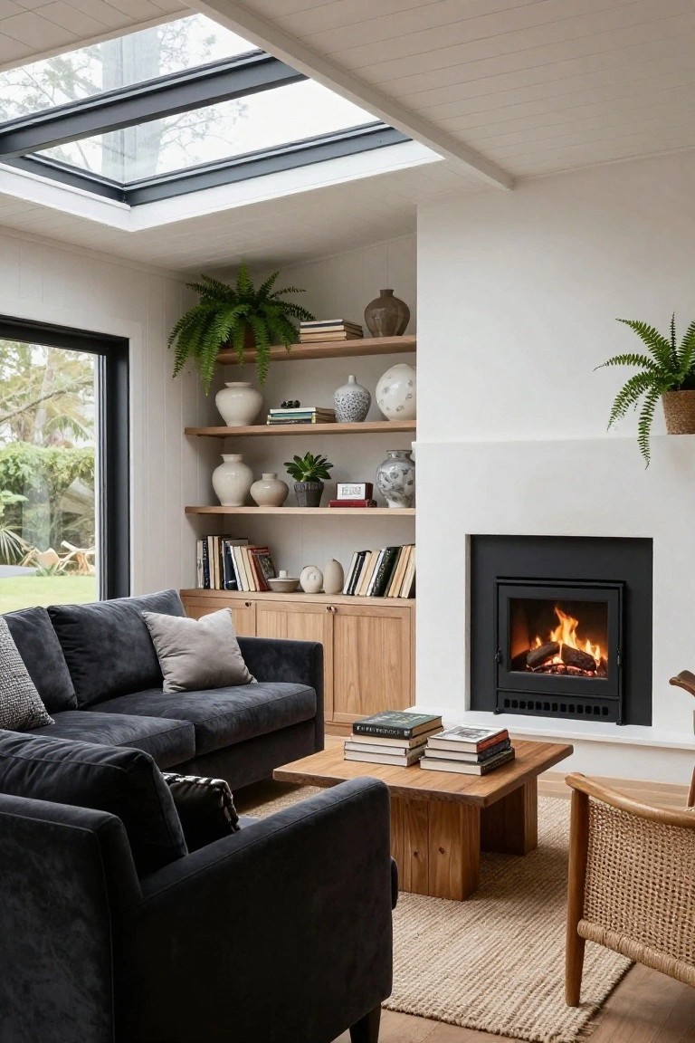 Modern living room interior with black inset fireplace flanked by oak open shelves displaying ceramics, books, and plants, charcoal L-shaped sofa, low oak coffee table with stacked books, rattan chair, seagrass rug, large garden-view window, and overhead skylight in white-walled room with wood ceiling.