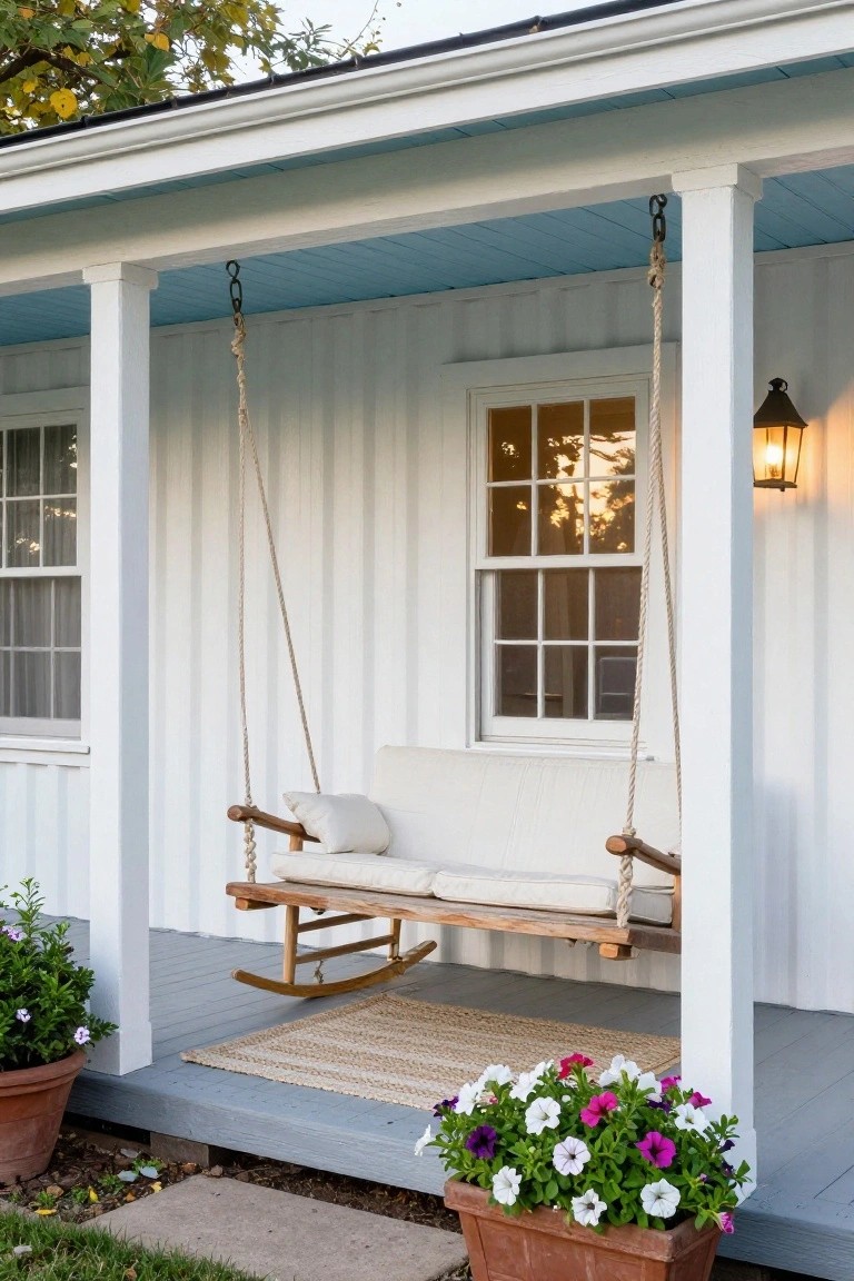 Porch swing with white cushions hanging on a blue-ceilinged veranda beside flower pots.