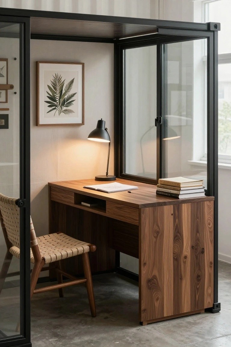 Compact office inside black metal-framed glass enclosure with walnut desk, woven chair, desk lamp, open notebook, stacked books, and leaf artwork on beige wall.