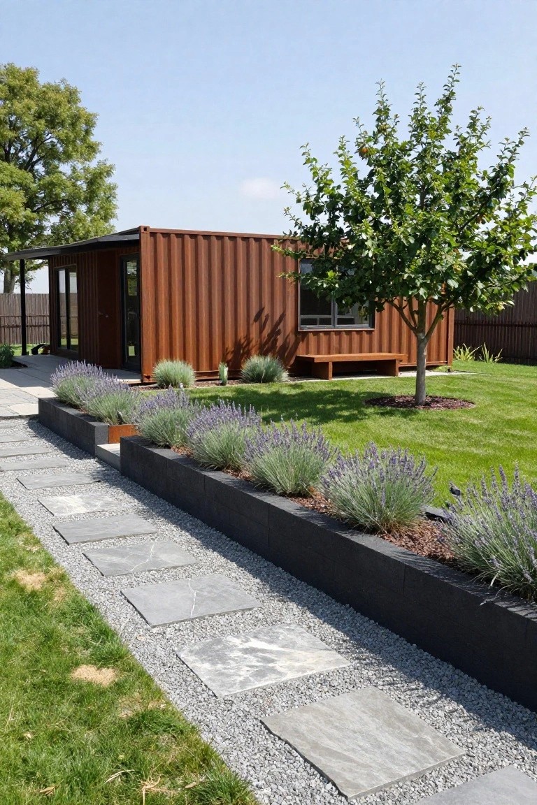 Reddish-brown shipping container home beside a gravel pathway with irregular gray stone slabs, edged by black raised planters filled with blooming lavender, grass lawn, and trees in the background.