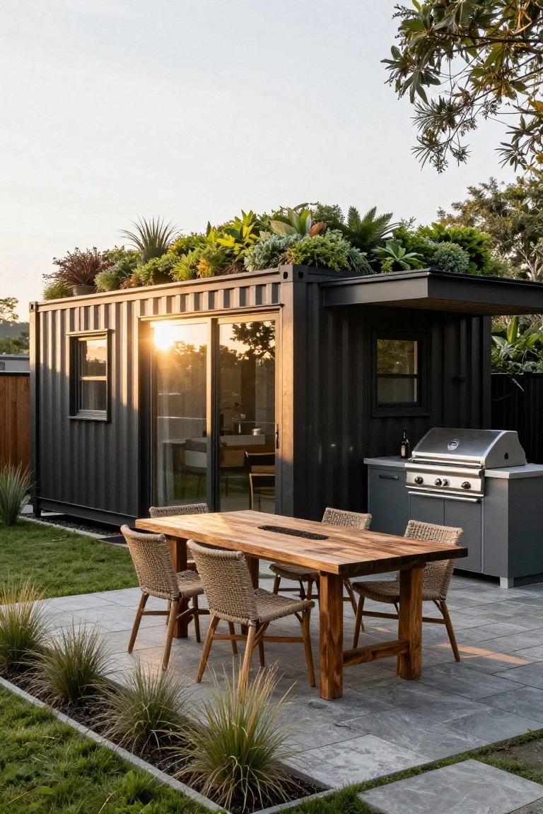 Shipping container home with dark gray exterior and flat green roof planted with succulents, agaves, and ferns, sliding glass doors opening to gray paver patio holding rectangular wooden dining table with woven chairs and adjacent built-in stainless steel barbecue grill, edged by ornamental grasses and lawn.