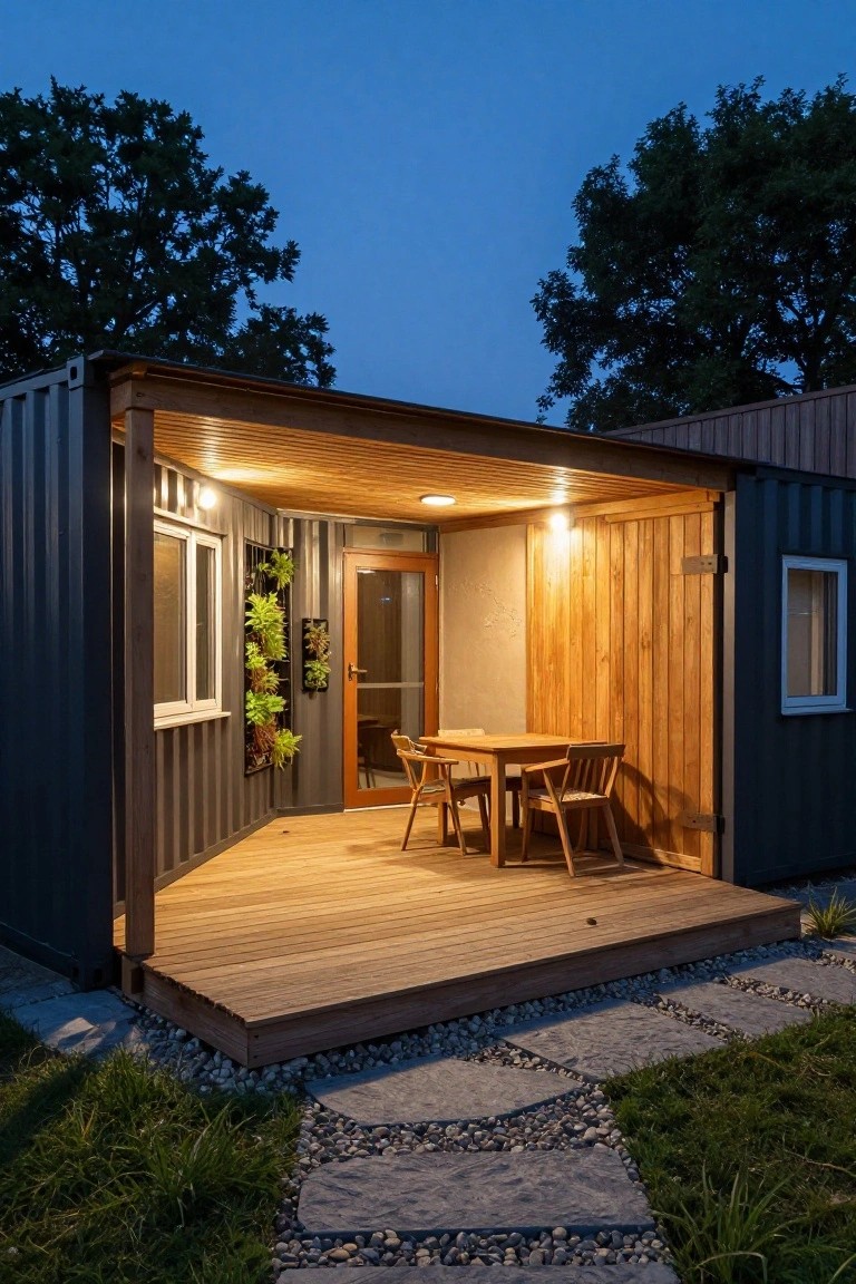 Dark shipping container home at dusk with light wooden covered porch, outdoor dining table and four chairs on wooden deck, vertical green plants on wall, glass door entry, stone path through grass.