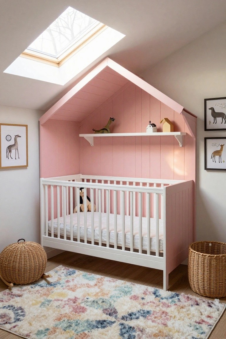 A nursery interior with a pink shiplap house-shaped alcove containing a white crib, shelves holding toys and wooden houses, animal artwork on walls, wicker baskets, and a colorful rug on the wood floor under a skylight.