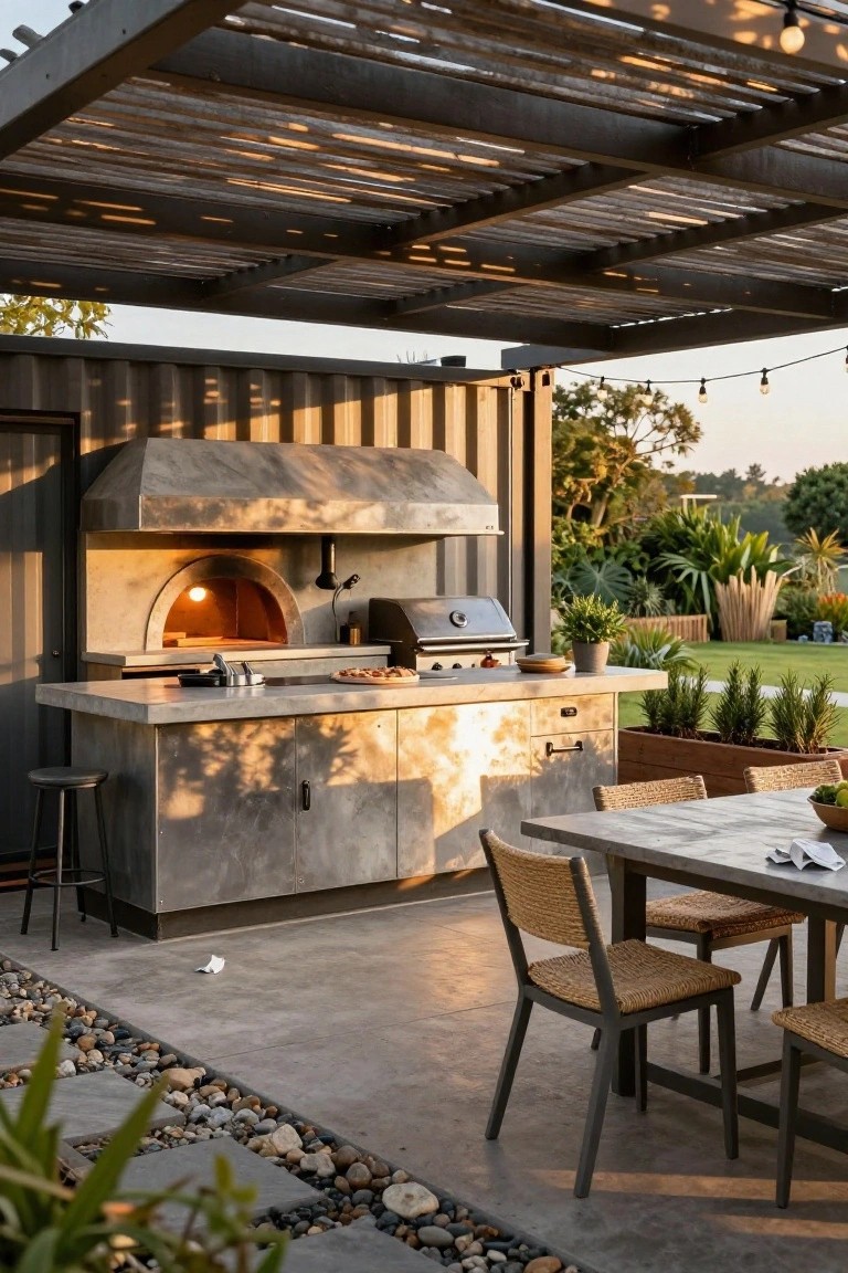 Shipping container integrated into an outdoor kitchen with built-in wood-fired pizza oven, gas grill on concrete countertop, bar stools, dining table with woven chairs under bamboo-shaded pergola, surrounded by plants and gravel path.