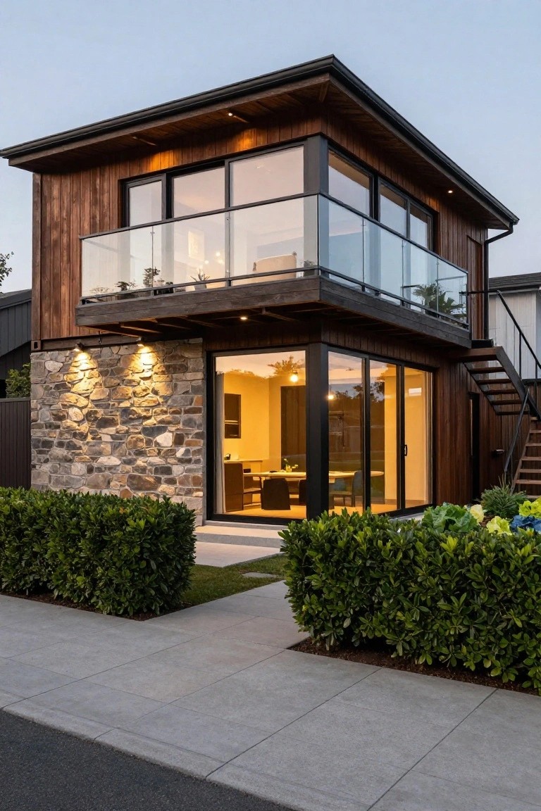 Corner view of a two-story modern house with dark wood cladding on the upper level, irregular stone base on the lower level, large glass windows and balcony with railing, external metal stairs, boxwood hedges, and concrete path at dusk.