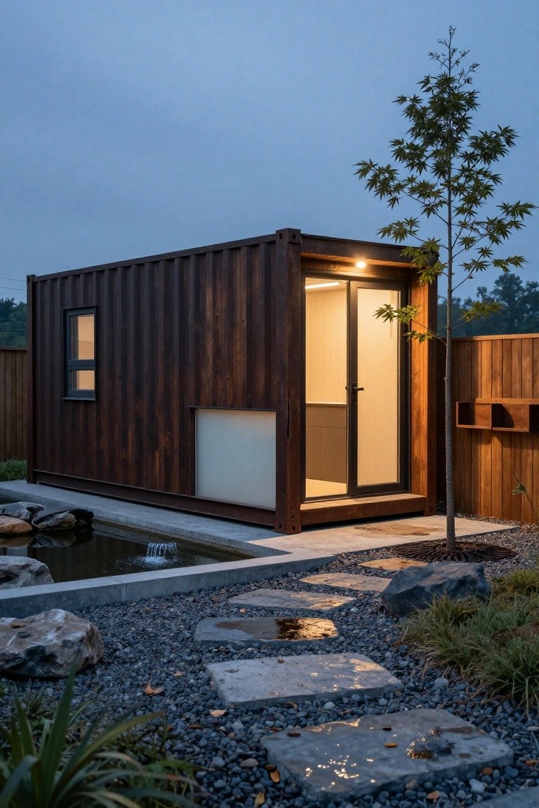 Wooden-clad shipping container structure with lit glass entry doors, positioned in a garden with a small pond, stone stepping path, gravel ground cover, and a young tree nearby.