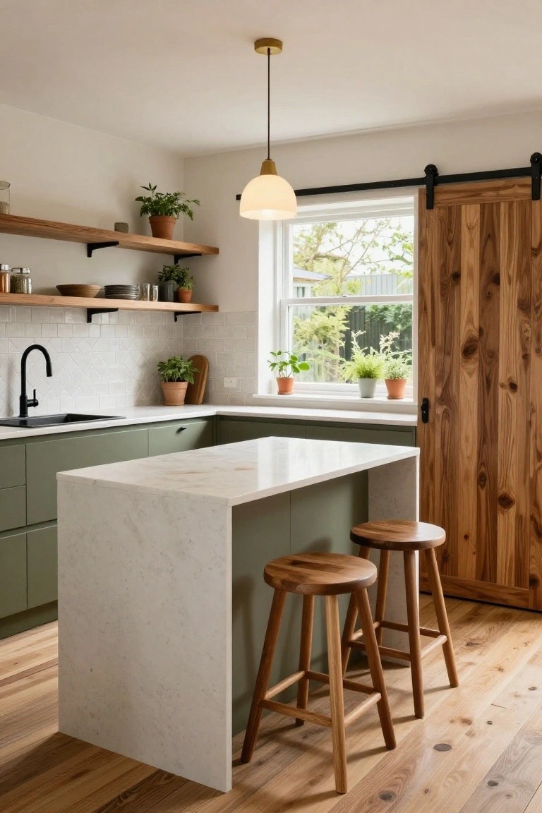 Kitchen interior with sage green cabinets, white quartz waterfall-edge island, two round wooden bar stools, open wooden shelves holding dishes and plants, matte black faucet over white subway tile backsplash, and wooden sliding barn door beside a window with plants outside.