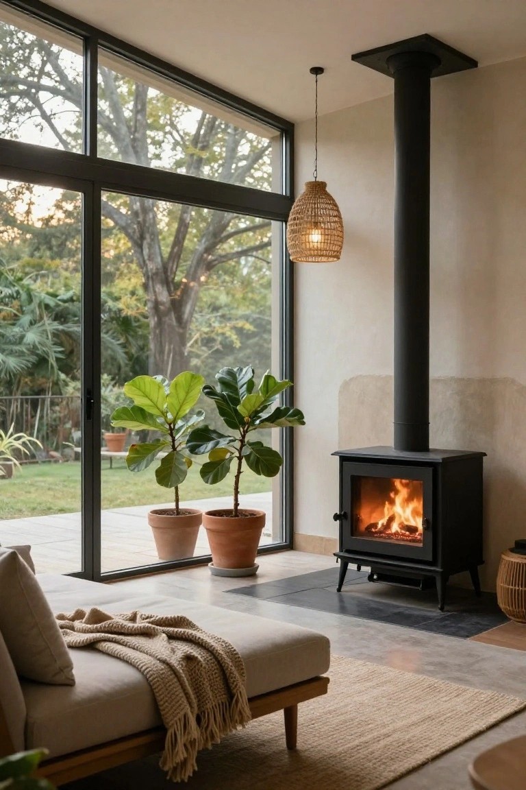 Minimalist interior room featuring a black freestanding wood-burning stove with active fire, two potted fiddle leaf fig plants, large floor-to-ceiling glass walls overlooking a garden and trees, a low beige daybed with cream throw, seagrass rug, rattan pendant light, and neutral walls.