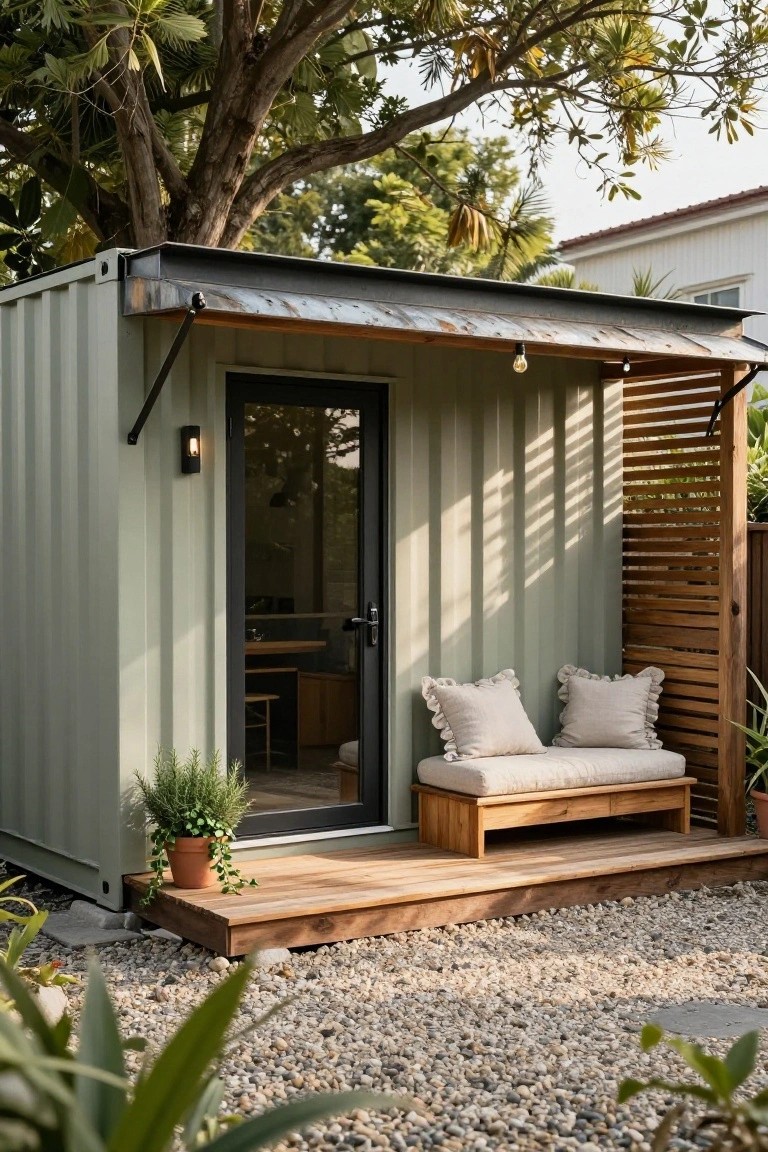 Light green shipping container home with black glass door, wooden deck platform, built-in bench with beige cushions, potted rosemary and ivy plants, wooden slats and awning, gravel ground, and tropical landscaping.