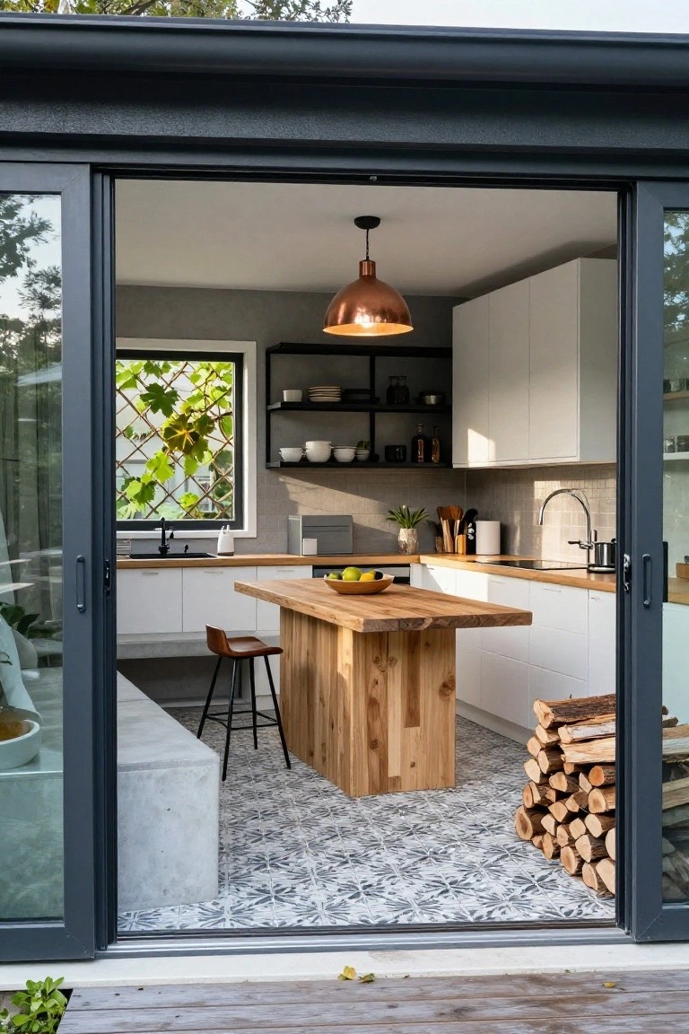 Kitchen interior with white cabinets, central rectangular wooden island on tall legs, wooden bar stool, open black metal shelves with dishes, sink area, large open sliding glass doors to outdoor deck, and stack of firewood.