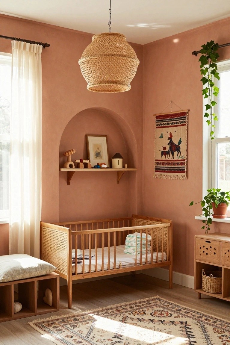 Nursery room corner with terracotta pink walls, arched niche shelf holding wooden toys, framed artwork, and small ceramic houses, wooden crib with rattan sides, bench with cushions, sheer curtains on window, potted plants, and woven rug on wood floor.