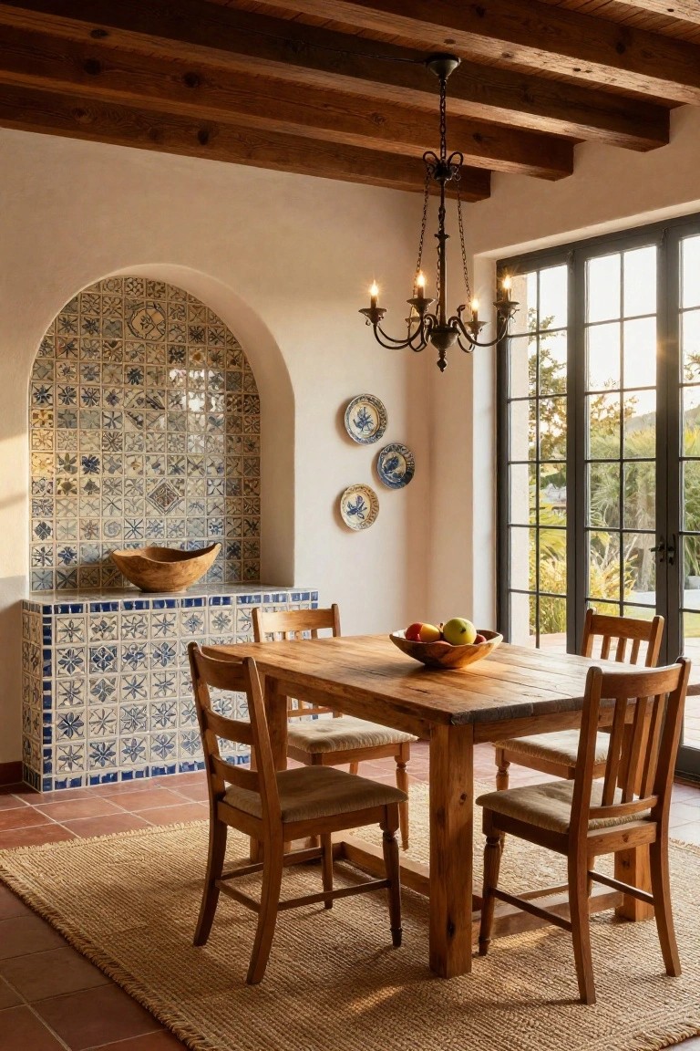 Dining room interior with exposed wood beam ceiling, blue-and-white tiled arched niche containing a wooden bowl, wooden table holding fruit bowl and chairs, terracotta tile floor, and large windows to outdoor view.
